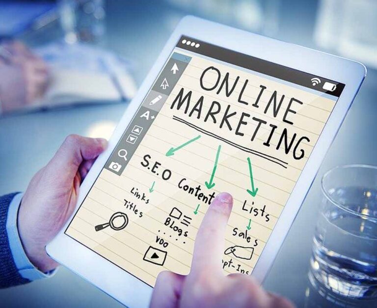 Online marketing is written on a tablet with arrows down to SEO content and lists Then those have what needs to be done in each category