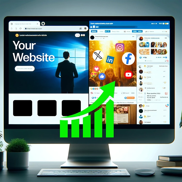 A computer with one side a website and the other side social media. There is a bar graph showing growth.